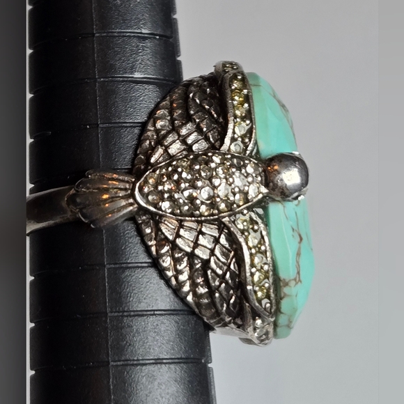 Fossil Chunky Statement Silver Tone Rhinestone Birds Turquoise Color Ring Sz 8 - Picture 12 of 12